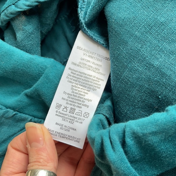 Size 8 100% linen Seasalt Cornwall UK Teal Sea Rocket Trouser, linen pants, US 8 - Picture 6 of 9